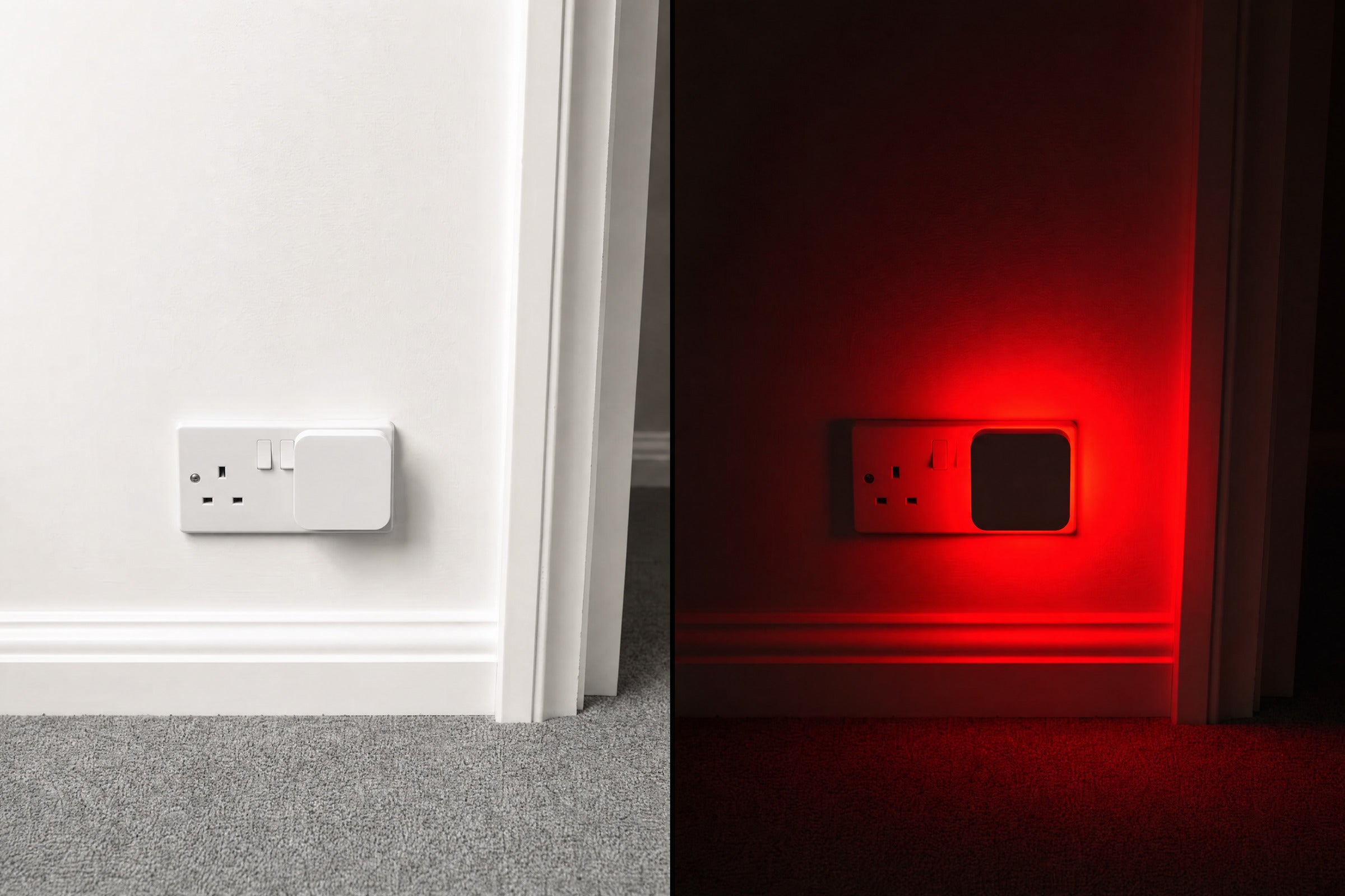 The same wall socket shown twice, once in daylight with the night light off and once in darkness with it glowing red.
