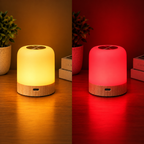 The Driftback lamp side by side in warm amber and in 670nm red