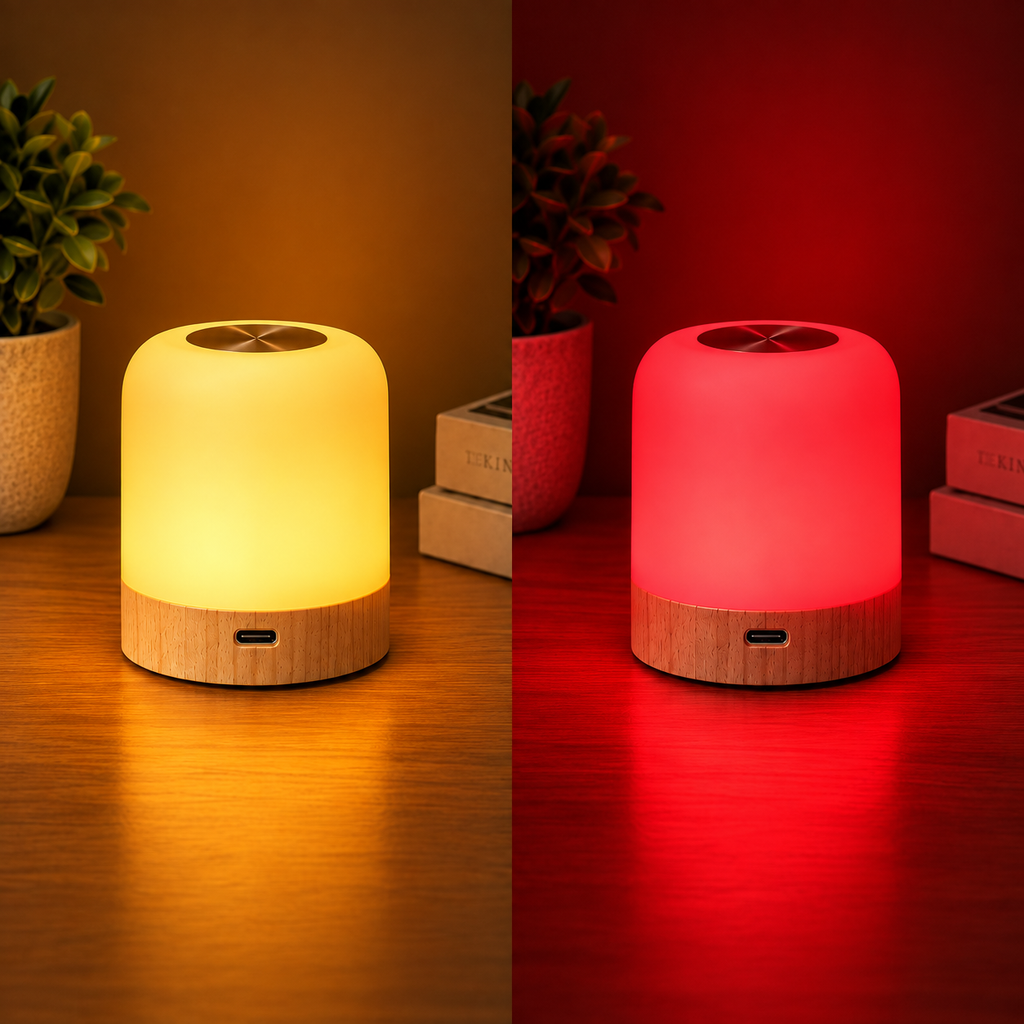 The Driftback lamp side by side in warm amber and in 670nm red