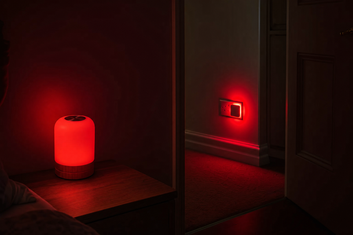 The Driftback bedside lamp and wall light glowing red at night