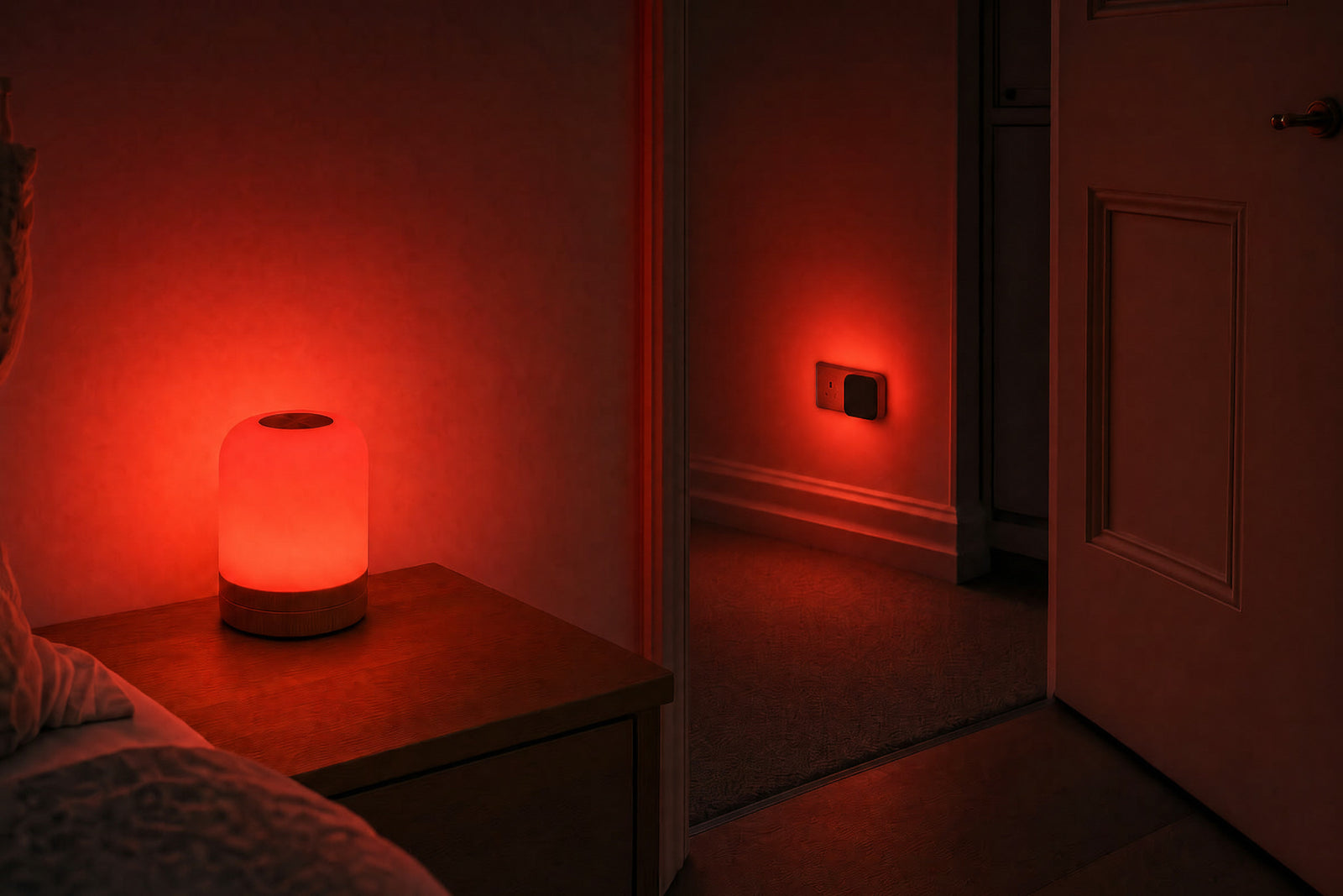 The same bedroom and landing lit only by the Driftback bedside lamp and the plug-in wall light, glowing red